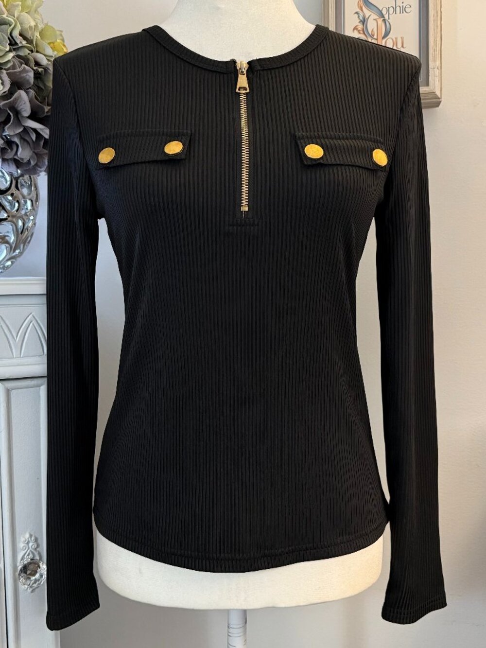 Black Ribbed Gold Zip Front Long Sleeve Top SHEIN Small